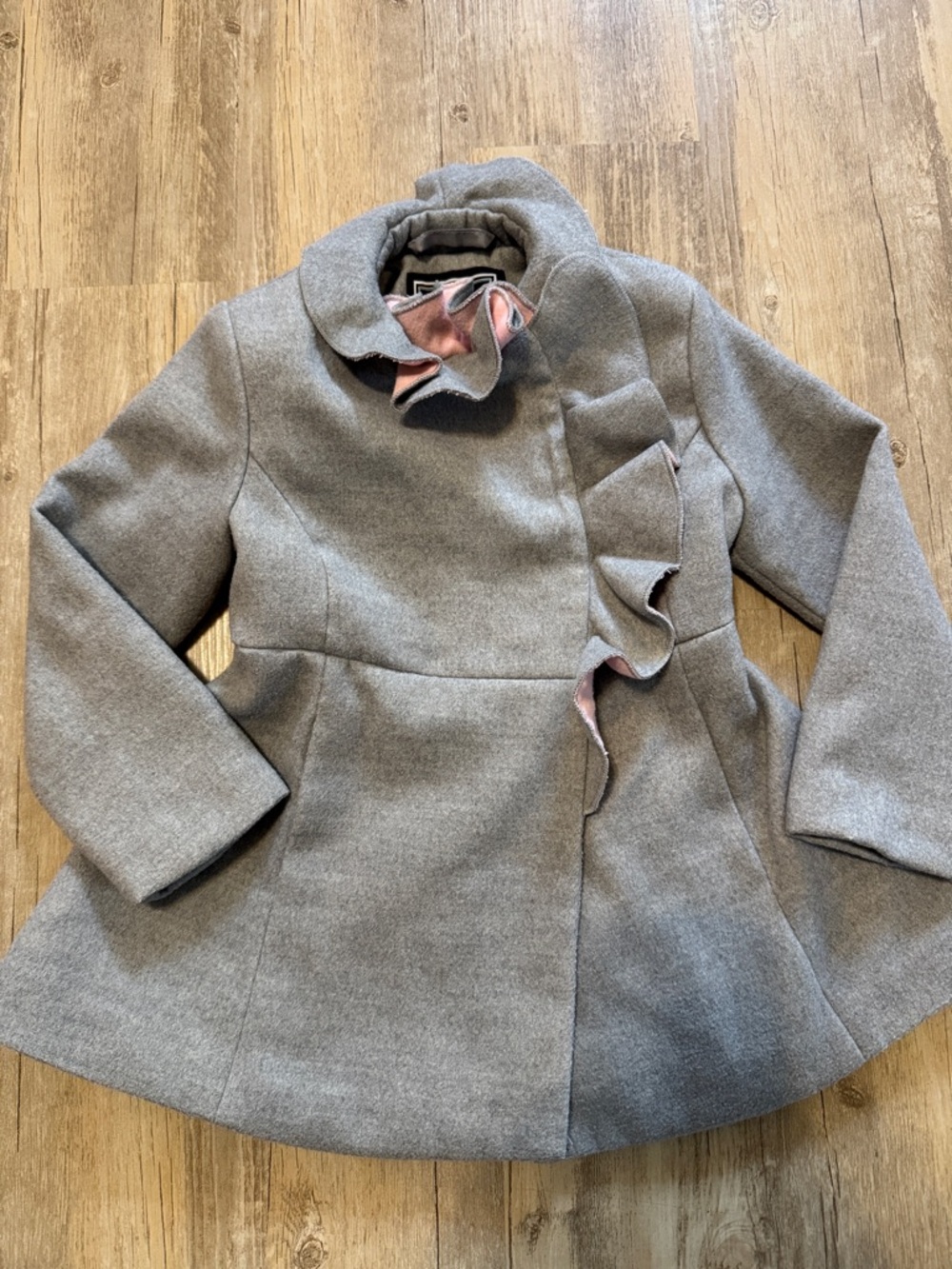 Rothschild gray and pink ruffle dressy coat. Faux wool - 4T EUC